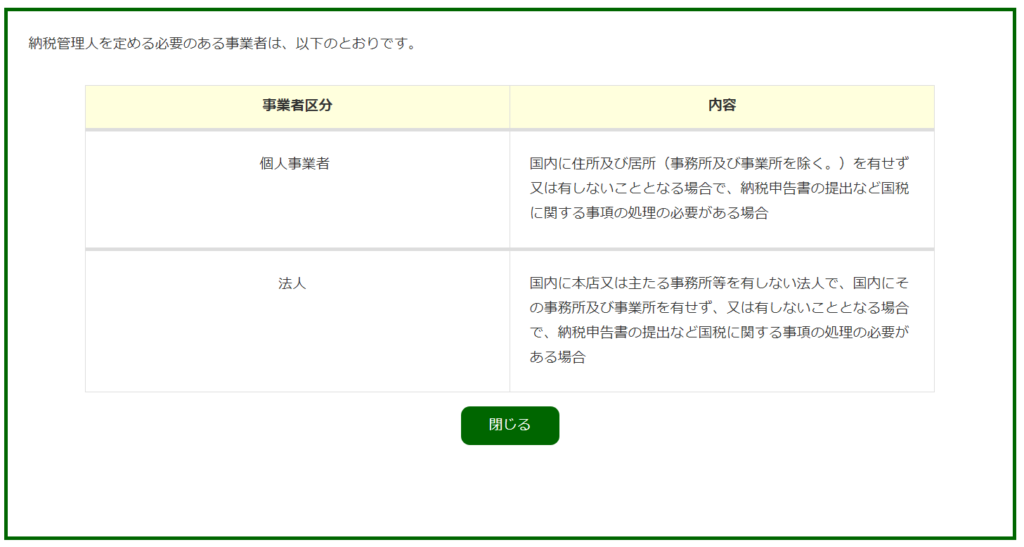 e-Taxソフト（WEB版）適格請求書事業者　納税管理人を定めるかの条件